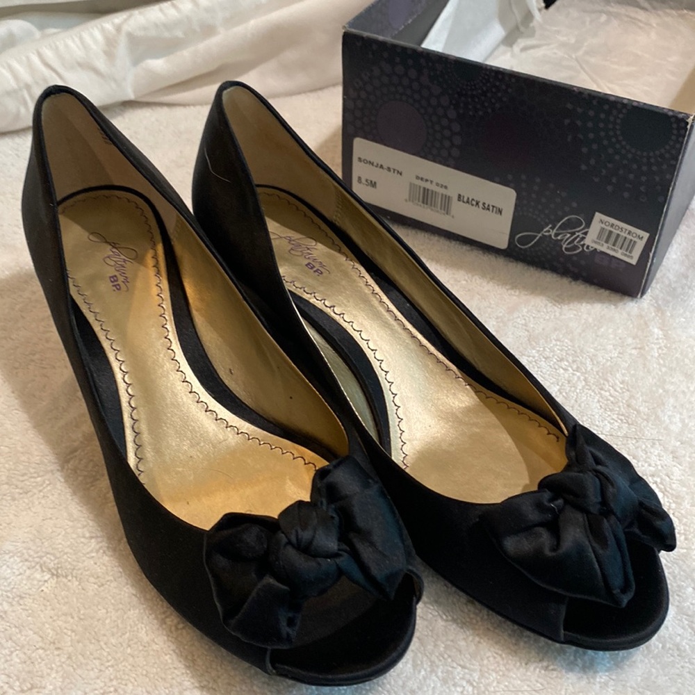 Black Satin Peep Toe Wedges